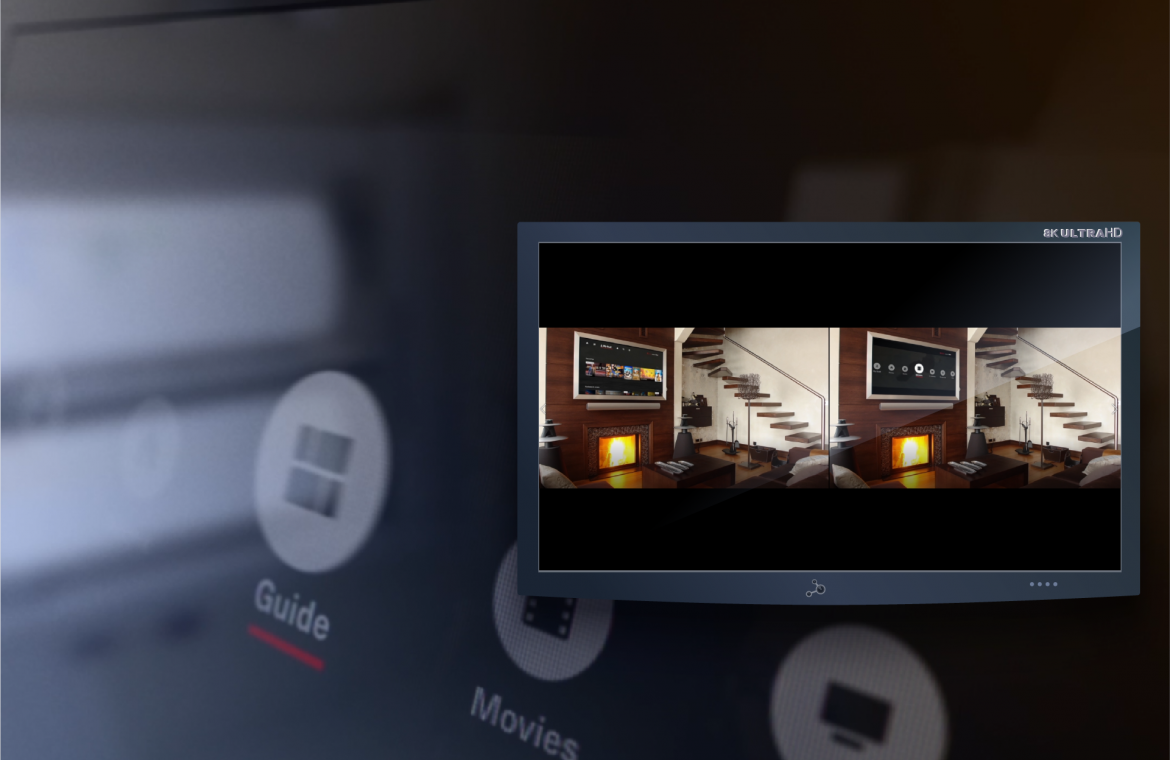 Original FiOS top-level menu comparison study shown in a living-room television context