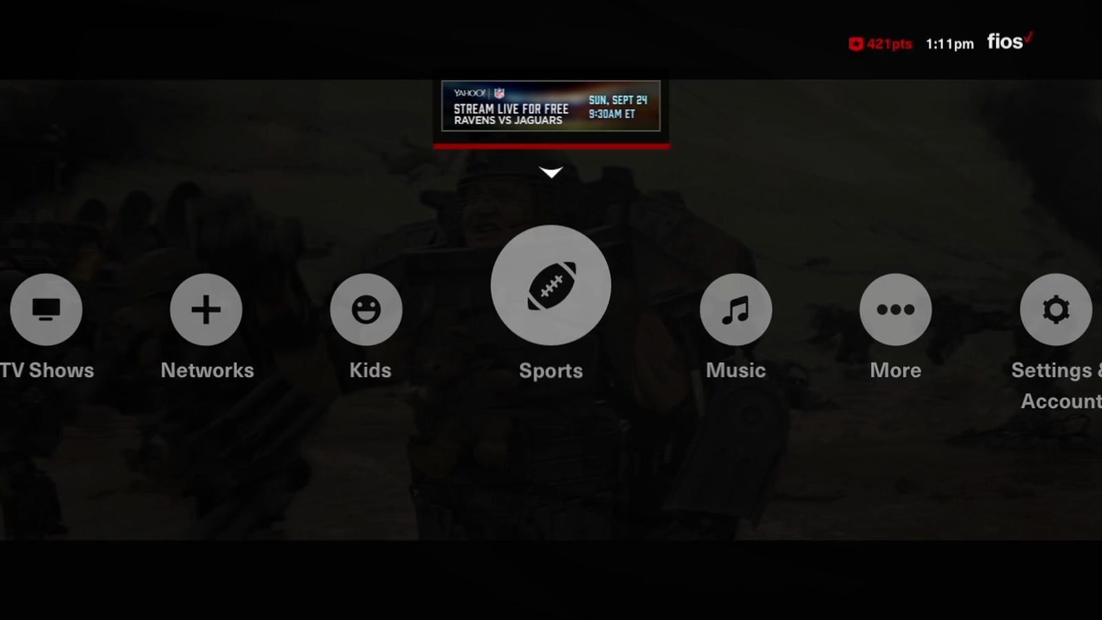 Archived FiOS top-level menu study showing Sports selected in the circular navigation